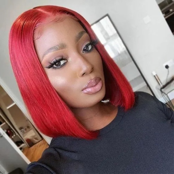 Red Human Hair Straight Bob Lace frontal Wig - Picture 1 of 7